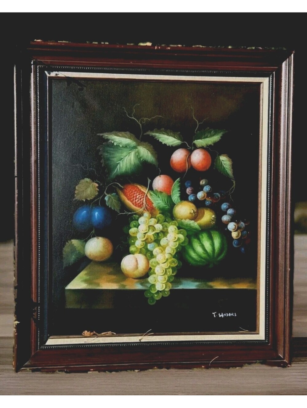 Vintage T. Sanders Fruit With Black Background Still Life   Painting 24X20" COA